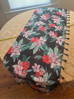 Shade & Shore Sarong / Shawl sheer black w/red pink white green floral & tassels